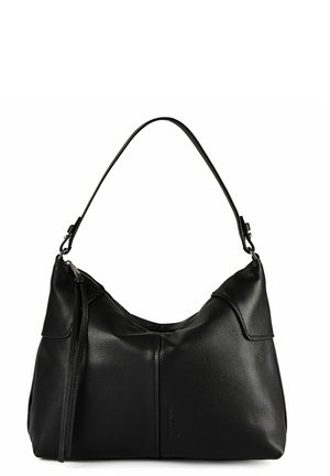 Black textured leather shoulder bag with a zip closure, slim handle, and a long tassel zipper pull on a white background.