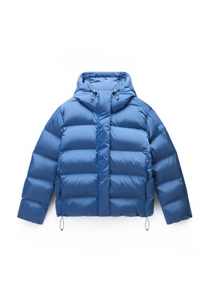 Blauwe puffy jas met een capuchon, met een geborduurd ontwerp, elastische trekkoorden en een gladde, glanzende stof. Vierkant patroon over het lichaam.