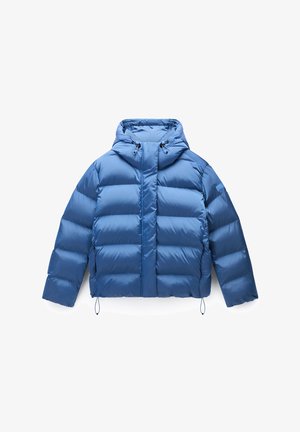 Blue puffy jacket with a hood, featuring a quilted design, elastic drawstrings, and a smooth, shiny fabric. Square pattern across the body.