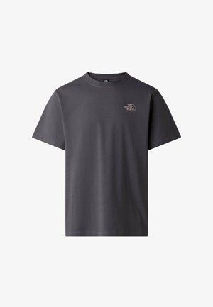 Mørkegrå T-shirt med korte ærmer og rund halsudskæring med lille hvid The North Face logo på venstre bryst.