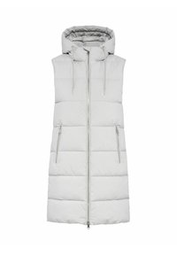 Jasnoszara bezrękawnik puchowy z kapturem, z przodem na zamek błyskawiczny, dwoma bocznymi kieszeniami na zamek i poziomym pikowaniem.