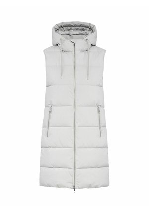Jasnoszara bezrękawnik puchowy z kapturem, z przodem na zamek błyskawiczny, dwoma bocznymi kieszeniami na zamek i poziomym pikowaniem.