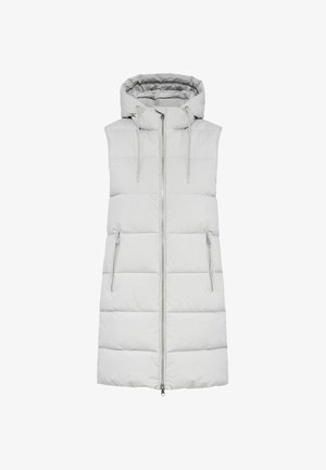 Jasnoszara bezrękawnik puchowy z kapturem, z przodem na zamek błyskawiczny, dwoma bocznymi kieszeniami na zamek i poziomym pikowaniem.