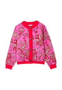 Ροζ και κόκκινη ζακέτα με μοτίβο πεϊσλί, μαύρα κουμπιά, κόκκινες μανσέτες, γιακά και μπροστινό περίγραμμα, με περίπλοκα λουλουδάτα και σπείρες σχέδια.