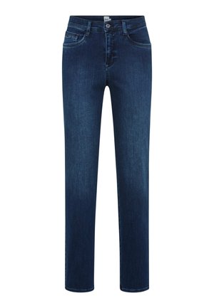 Dunkelblaue Jeans aus Denim mit geradem Bein, Fünf-Taschen-Design und Knopfverschluss vorne. Leicht verblasste Stofftextur.
