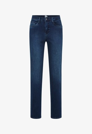 Dunkelblaue Jeans aus Denim mit geradem Bein, Fünf-Taschen-Design und Knopfverschluss vorne. Leicht verblasste Stofftextur.