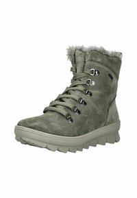 Zelené semišové kotníkové boty s umělou kožešinou, kovovými očičkami pro tkaničky a silnou, texturovanou gumovou podrážkou.