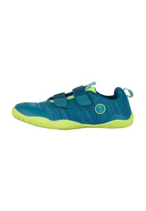 Child's blue and green sneaker with mesh upper, two Velcro straps, and a flexible lime green sole on a white background.