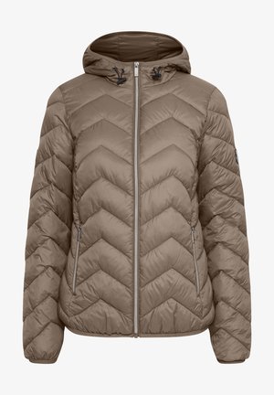 Könnyű barna pufikabát kapucnival, cseppmintás steppeléssel, elülső cipzárral és fém cipzáras kéziboltozókra.