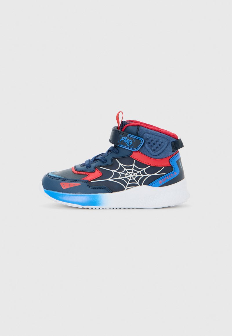 Children’s navy blue, red, and white high-top sneaker with spiderweb design, blue sole gradient, and Velcro strap closure.