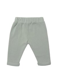 Helle graue Baumwollmischungshosen mit einem elastischen Bund und umgeschlagenen Säumen. Weiche Textur, gerade Beinschnitt, keine sichtbaren Muster.