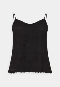 Black camisole with thin straps, featuring a textured lace design and scalloped hem. Lightweight fabric with layered patterns throughout.