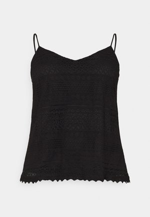 Black camisole with thin straps, featuring a textured lace design and scalloped hem. Lightweight fabric with layered patterns throughout.
