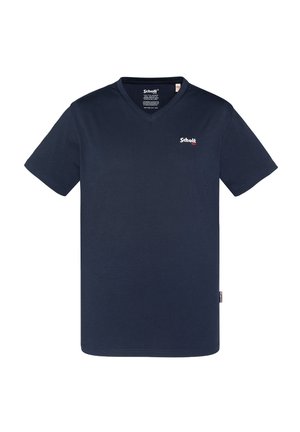 T-shirt blu navy con scollo a V realizzata in cotone, con maniche corte e un piccolo logo bianco nella zona sinistra del petto. Orlo piatto nella parte inferiore.