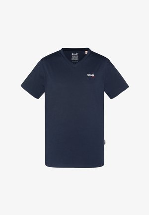 T-shirt bleu marine en V en coton, avec des manches courtes et un petit logo blanc sur la poitrine gauche. Ourlet plat en bas.