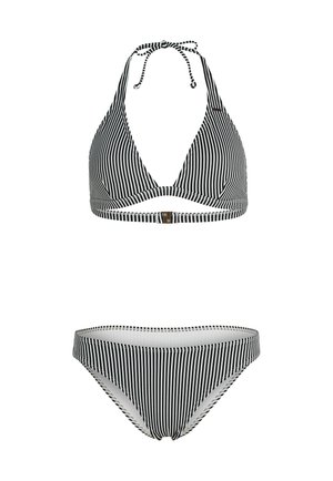 Conjunto de bikini de rayas blancas y negras que presenta un diseño de cuello halter con cierre de lazo y una parte inferior con banda y un sutil brillo.