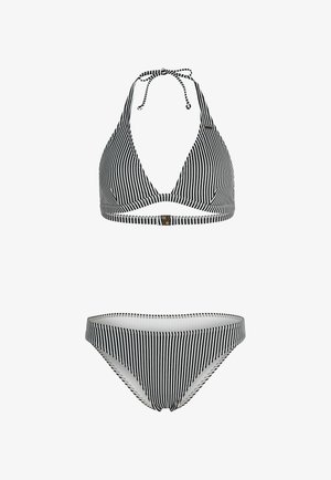 Mustvalge triibuline bikiin komplekt, millel on kaeluse kohal disain, sidumisega ja rihmaga alumine osa, millel on õrn sära.