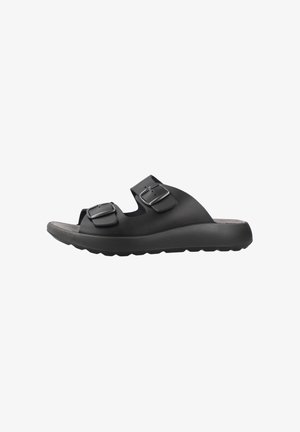 Sandalo nero a fascia con due cinturini regolabili con fibbia e suola sagomata, mostrato di profilo su sfondo bianco.