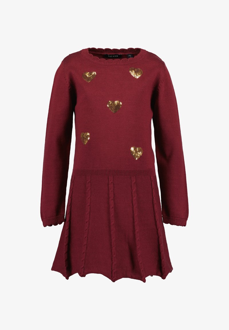 Bordowa dzianinowa sukienka z długimi rękawami, falbanastym dołem i złotymi cekinowymi sercami. Teksturowany splot warkoczowy na spódnicy.