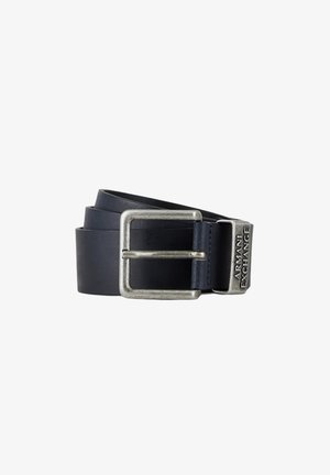 Cintura in pelle blu navy con fibbia rettangolare in tono argento e branding in rilievo. Finitura liscia con un design classico per un uso versatile.
