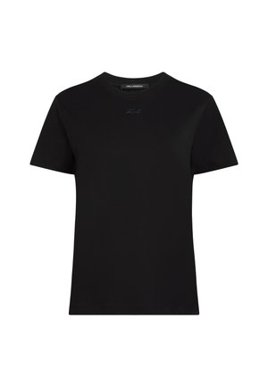 Čierne tričko s krátkym rukávom a okrúhlym výstrihom s jemne vyšívaným logom "Karl" pod výstrihom a štítkom "Karl Lagerfeld" vo vnútri goliera.