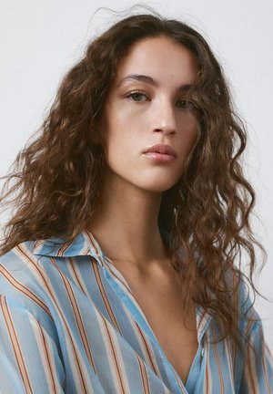 Jeune femme aux longs cheveux bruns bouclés portant une chemise rayée bleue et marron, regardant droit devant avec une expression neutre.