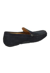 Navyblaue Wildleder Slipper mit kontrastierender brauner Innenseite, weißer Nähte und einer Gummisohle für Grip und Langlebigkeit.