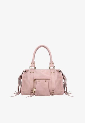 Sac à main en cuir rose clair avec deux poignées, poche avant zippée, sangles décoratives, clous métalliques et détails à pampilles sur les côtés.