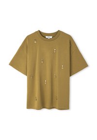 T-shirt en coton vert olive à manches courtes, avec des accents métalliques circulaires dispersés sur le devant. Col rond et coupe décontractée.