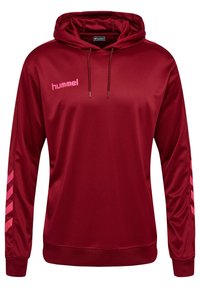 Rote Kapuzenjacke aus glattem Material. Mit einem pinken Logo auf der Brust und pinken Chevron-Akzenten an den Ärmeln. Mit Kordelzug-Kapuze.