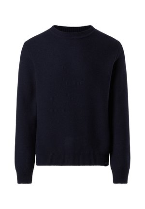 Suéter de punto azul marino con cuello redondo, mangas largas y puños y dobladillo de canalé. Presenta un patrón texturizado y un pequeño detalle del logotipo en el dobladillo.