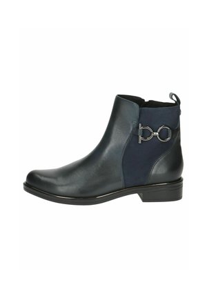 Black leather ankle boot with a smooth finish, navy suede panel, silver hardware accent, and low stacked heel. Features a pull tab at the back.