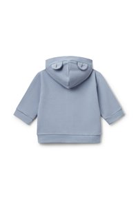 Světle modrá mikina pro batolata s dlouhými rukávy a malými textilními ušima na kapuci, zachycena zezadu na bílém pozadí.
