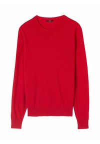 Pull en tricot rouge avec un col rond, des manches longues et des poignets et ourlets côtelés. Texture douce sans motifs visibles ni détails en matériel.