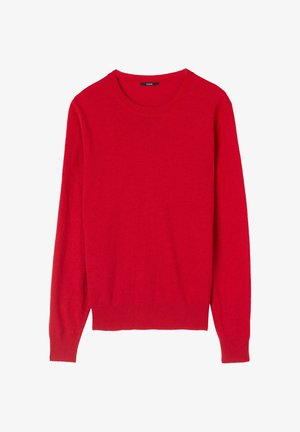 Maglione rosso a maglia con scollatura rotonda, maniche lunghe e polsini e orlo a coste. Texture morbida senza motivi visibili o dettagli in metallo.