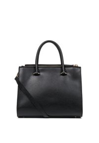 Borsa a mano in pelle nera con design strutturato, due manici superiori, tracolla staccabile, dettagli in metallo dorato e finitura texturizzata.