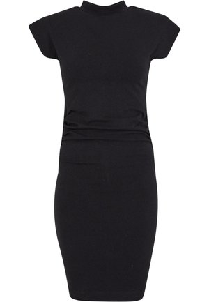 Abito nero fitted realizzato in tessuto elasticizzato, caratterizzato da un collo alto e maniche corte con un dettaglio arricciato in vita. Texture liscia.