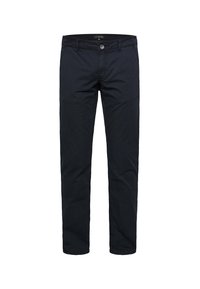 Chino scuro navy realizzati in morbido twill di cotone. Presentano una chiusura con zip, bottone e tasche standard per la funzionalità.