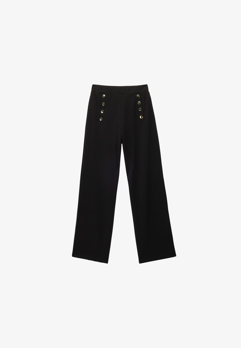 Zwarte wijde broek met gouden knoopdetails aan de voorkant en een gladde stoftextuur. Klassiek en veelzijdig ontwerp.