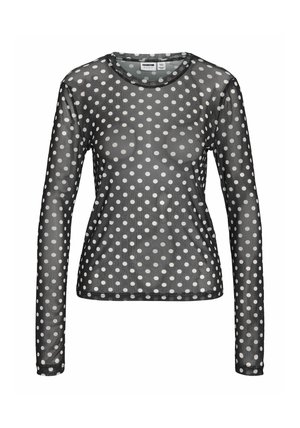 Svart långärmad mesh-topp med rund halsringning och vita prickar. Tyget är genomskinligt med en slät yta och en figurnära design.