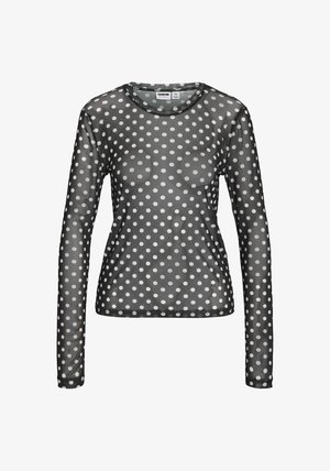 Haut à manches longues noir en maille avec un col rond et des pois blancs. Le tissu est transparent, à la texture lisse et à la coupe ajustée.