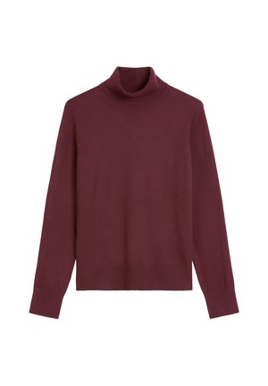 Bordo turtleneck pulover iz mehkega pletenega materiala, z dolgimi rokavi, rebrastimi manžetami in robom ter prilegajočim ovratnikom za dodatno toploto.