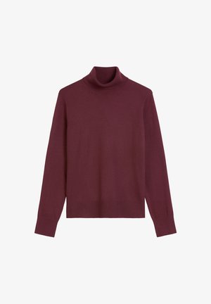 Bordo turtleneck pulover iz mehkega pletenega materiala, z dolgimi rokavi, rebrastimi manžetami in robom ter prilegajočim ovratnikom za dodatno toploto.