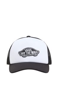 Black and white baseball cap featuring a mesh back, curved brim, and an embroidered logo with "VANS OFF THE WALL" on the front.