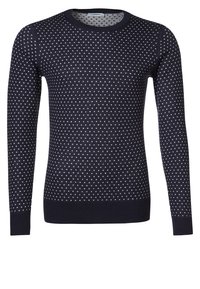 Pullovertröja i mörk marinblått stickat med vitt prickmönster; har en rundad hals och långa ärmar med ribbade manschetter och fåll.