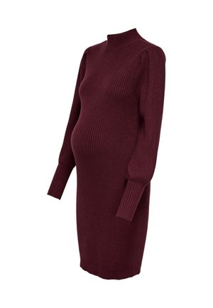 Vestido premamá de punto acanalado en color burdeos, con cuello alto, mangas largas y corte ajustado hasta la rodilla.
