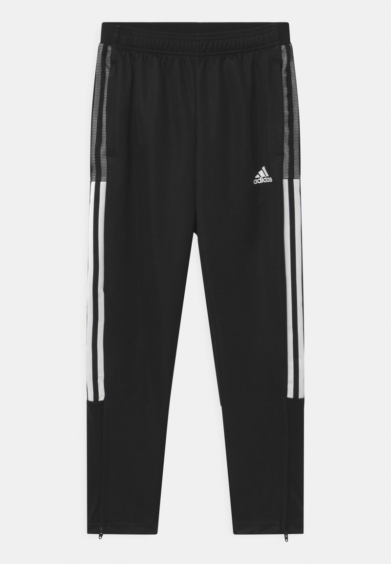 Zwarte sportbroek met witte zijstrepen, elastische tailleband en ritsen bij de enkels. Gemaakt van lichtgewicht, ademend materiaal.