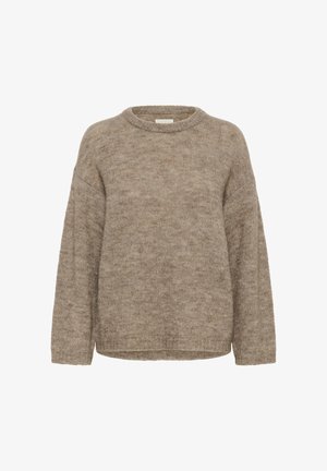 Brown long-sleeve knit sweater with ribbed crew neckline, cuffs, and hem, shown on a white background.