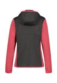 Giacca con cappuccio dal corpo nero con texture e maniche rosa. Presenta dettagli a contrasto e un design semplice, adatta per un abbigliamento casual.