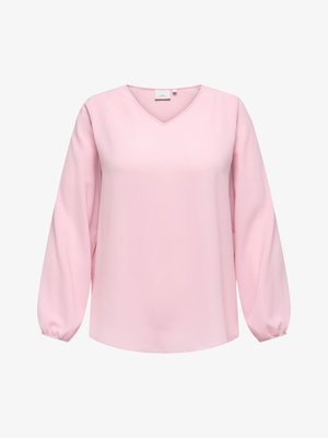 Dugih rukava svijetloružičasta bluza s V-izrezom i elastičnim manžetama, izrađena od teksturiranog materijala.